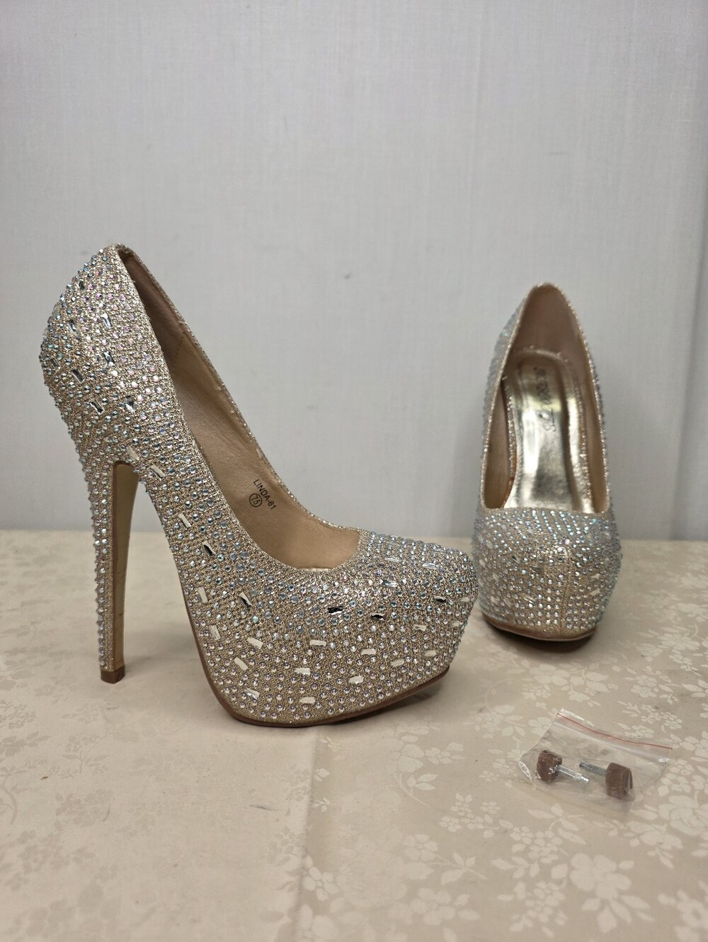 Bling Glitter Rhinestone Stiletto Platform Heels Prom Wedding Gold 7.5